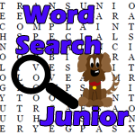 Picture of word search with magnifying glass and the words Word Search Jr.