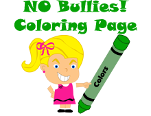 picture of Brenda Bully and a green crayon with the words NO Bullies! coloring page.